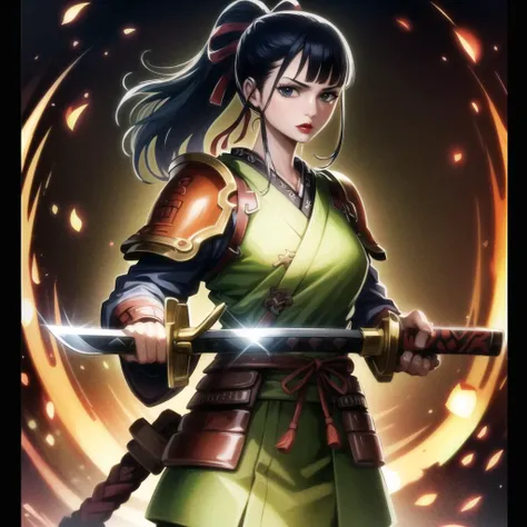 a woman in a green outfit holding a sword in front of a circular background