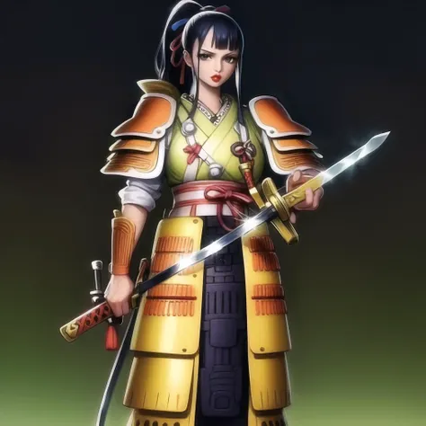 a woman in a yellow and red outfit holding a sword