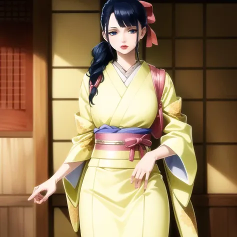 anime girl in yellow kimono with pink bow and blue eyes