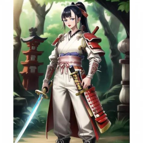 a woman in a white outfit holding a sword in front of a forest