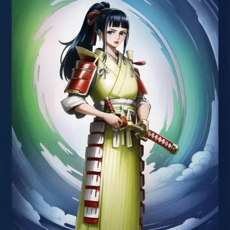 a woman in a yellow dress holding a sword and a green and white background