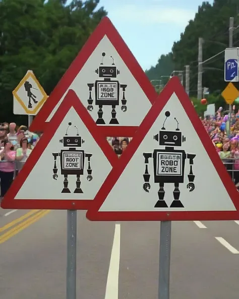 a photo of a road sign , Robot Parade Zone:1.3, a whimsical sign featuring a procession of robots in a parade, hinting at the possibility of encountering automated festivities. , <lora:road_sign:1.0>