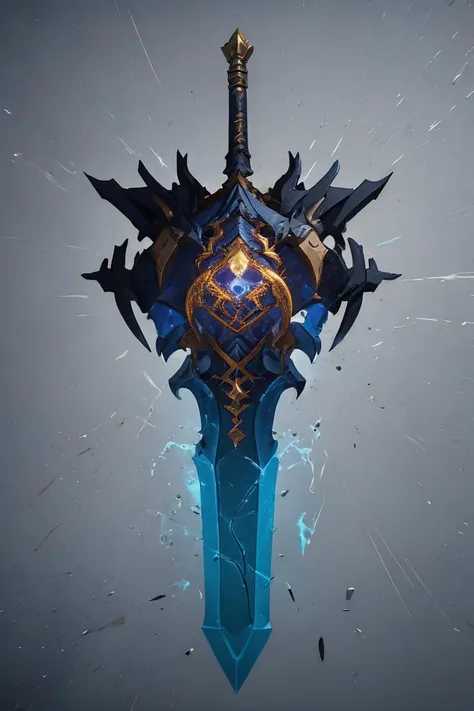 a blue sword with a gold and blue design on it