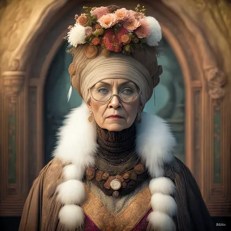 (Digital Artwork:1.3) of (steampunkgranny:1.0) style, upper body close-up portrait of an old woman, 1girl, female focus, necklace, lipstick, makeup, looking at the viewer, solo,white skin, white hair, talking, parted lips, glasses, (hat, feathers, flowers)...