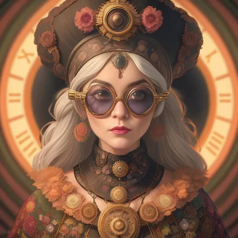 (Painting:1.3) of (steampunkgranny:1.0) style, upper body close-up portrait of 1girl danahamm, female focus, necklace, lipstick, makeup, looking at the viewer, solo, talking, parted lips, glasses, hat, (clock, goggles, gears, round eyewear), simple black b...