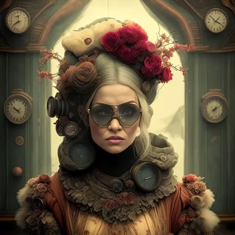 (Photo:1.3) of (steampunkgranny:1.0) style, upper body close-up portrait of 1girl starfuckedmodel, female focus, necklace, lipstick, makeup, looking at the viewer, solo,red skin, green hair, talking, parted lips, glasses, (clock, goggles, gears, round eyew...