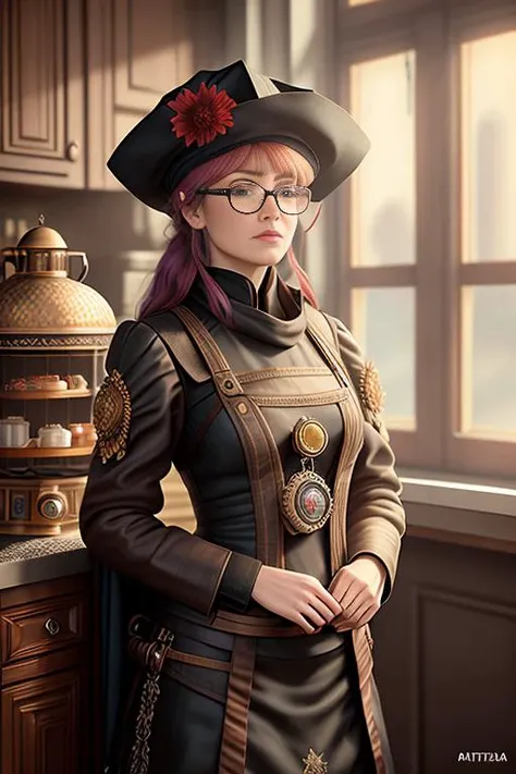 (Professional 3D rendering:1.3) of (steampunkgranny:1.0) style, upper body close-up portrait of 1girl chefk1ki, female focus, chef hat, an apron, lipstick, makeup, looking at the viewer, solo,red skin, red hair, talking, parted lips, glasses, feathers, hat...