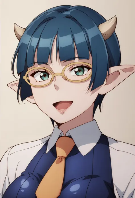 anime character with horns and glasses wearing a blue dress and tie