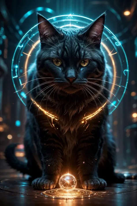 realistic, ((masterpiece)), ((best quality)), (detailed), cinematic, dynamic lighting, soft shadow, detailed background, professional photography, depth of field, intricate subsurface scattering, realistic hair,cyberwizard cat,magic circle<lora:Concept - C...