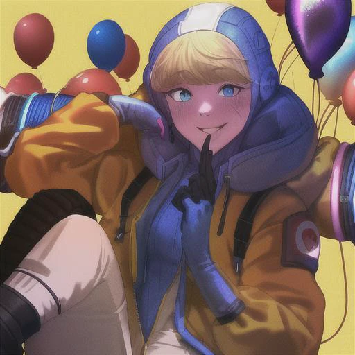 highres, apex legends, yellow sweater, wattson (apex legends), hood, balloon, blue footwear, heart, looking at viewer, pink headwear, smile, animification, blush, sweater, eyebrows hidden by hair, blue jacket, hooded jacket, blue eyes, purple eyeshadow, ho...