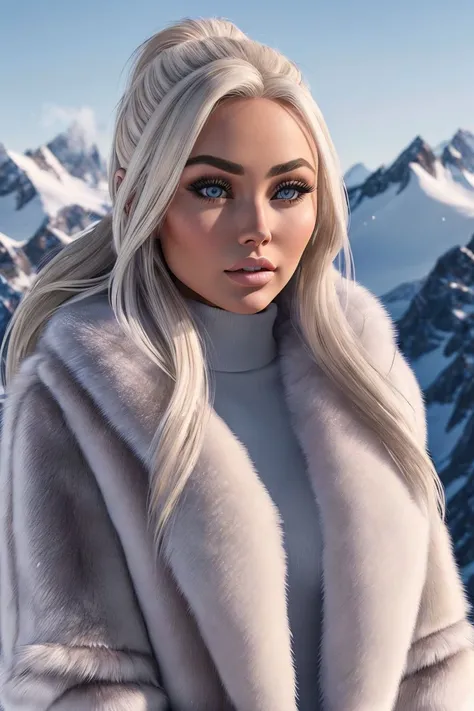 a photo of an attractive S036_KaterinaRozmajzl, in the (mountains:1.2), wearing a (fur coat), (snowy:1.2), (8k, RAW photo, best quality, ultra high res, photorealistic, masterpiece, ultra-detailed, Unreal Engine)