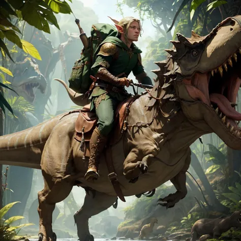 (young male elven druid:1.3) riding a tyrannosaurus, riding monster, (detailed lush jungle background), green and gold embroidered leather armor, leather boots, arms outstretched, closed mouth, intricately detailed eyes, medium nose, detailed hood
, best q...