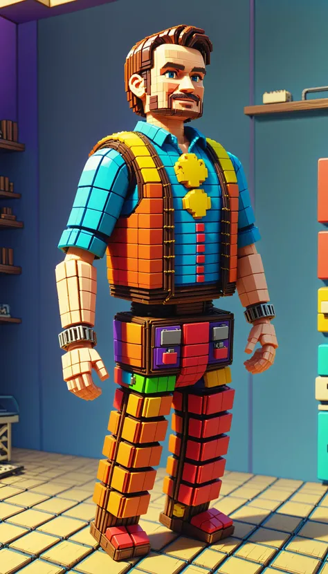 <lora:NESVoxelStyleXL:1.3> NESVoxelStyle man adorned in a waistcoat crafted from repurposed wooden beads, voxel, sci-fi, (retro game:0.5), (video game:0.5), 3D shape, 3D style