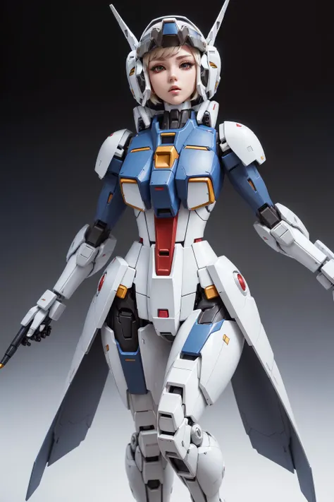 white and blue model, symmetrical 3/4 shot, skintight dress, ellanyan wearing with mecha armour, plastic helmet, plastic model face, short hair, (simple background:1.2), in the style of gundam(rx78),  small chest, small breasts,