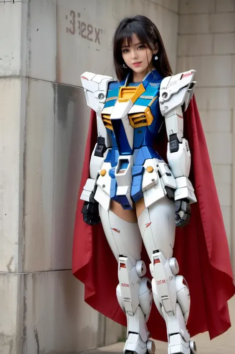 (8k, RAW photo, best quality, masterpiece:1.3), realistic, gundam(RX78), 1girl, solo, long hair, black hair, mobile suit, holding, mecha, huge breasts, looking at viewer, blue eyes, (full body:3), bangs, science fiction,  open mouth, covered navel, skin ti...