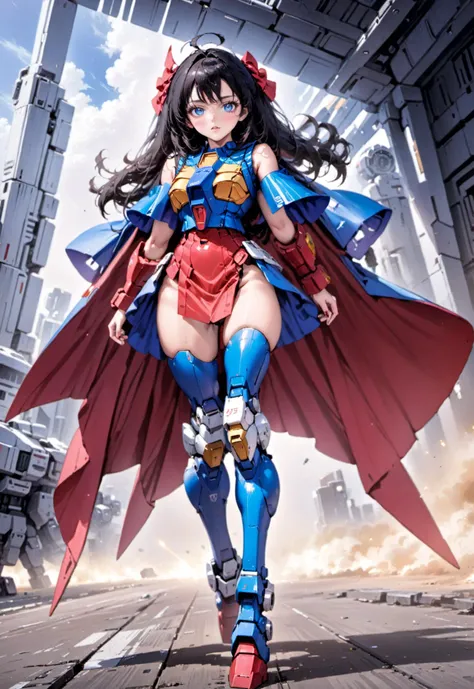 (8k, RAW photo, best quality, masterpiece:1.3), realistic, <lora:sdxl_loha_RX78_v2:0.9>, gundam(RX78), 1girl, solo, long hair, black hair, mobile suit, holding, mecha, huge breasts, looking at viewer, blue eyes, (full body:3), bangs, science fiction,  open...