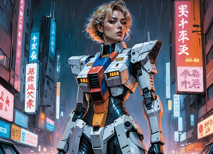 (JEANNA), nighttime, cyberpunk city, dark, raining, neon lights , (<lora:sdxl_loha_RX78_v2:0.5> gundam(rx78), mobile suit, mecha armor, body suit ), cyberpunk, synthwave, 1980s, futurism, brutalism, neuromancer, cinematic photo in Poland, art by Jakub Roza...