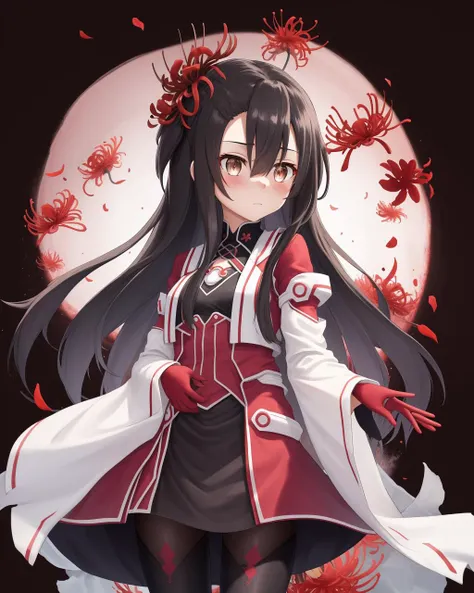 <lora:Koori_Chikage-10:0.8>,1girl, solo,shirt, black hair,dark brown eyes,hair between eyes,dress, flower, hair flower, wide sleeves, red flower, red gloves, spider lily,black pantyhose,Magic Girl,