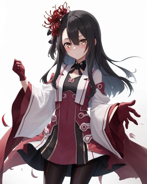 <lora:Koori_Chikage-10:0.8>,1girl, solo,shirt, black hair,dark brown eyes,hair between eyes,dress, flower, hair flower, wide sleeves, red flower, red gloves, spider lily,black pantyhose,Magic Girl,