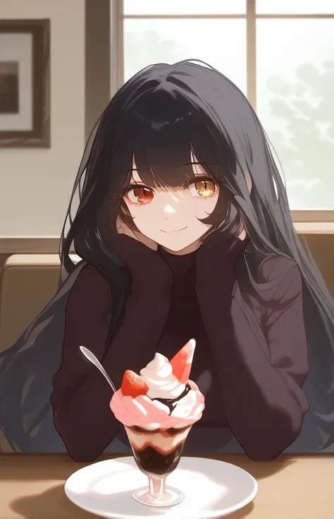 anime girl sitting at a table with a dessert in front of her