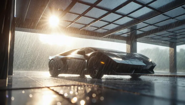 ObsidianJJ, futuristic, obsidian, architecture of a Carport, Raining, Sharp and in focus, One Color, Movie concept art, extremely beautiful, lens flare