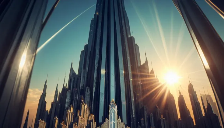 ObsidianJJ, futuristic, obsidian, art by thomas kindkade, alphonse mucha, loish and norman rockwell J., architecture of a Rude The Burj Khalifa, in a Disney setting, Sharp and in focus, detailed, masterpiece, modern, lens flare