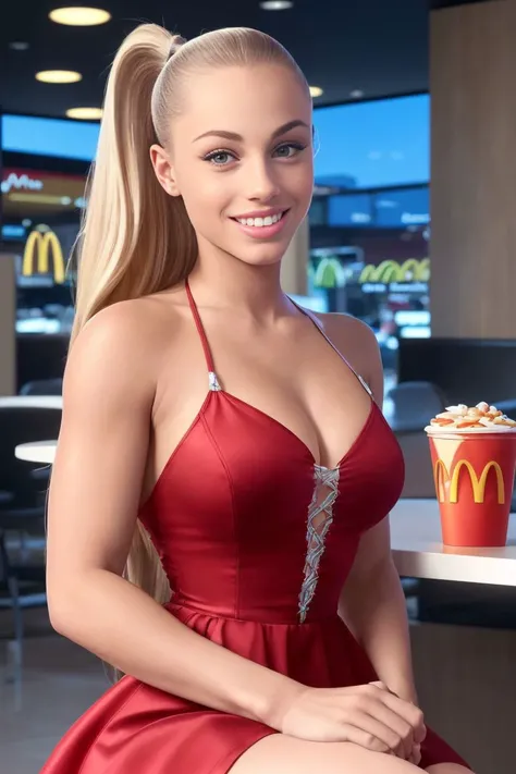 a photo of a stunning S032_AnaMariaMarkovic, eating in a (McDonalds:1.15), wearing a (dress:1.2), (smiling:1.2), (8k, RAW photo, best quality, ultra high res, photorealistic, masterpiece, ultra-detailed, Unreal Engine)