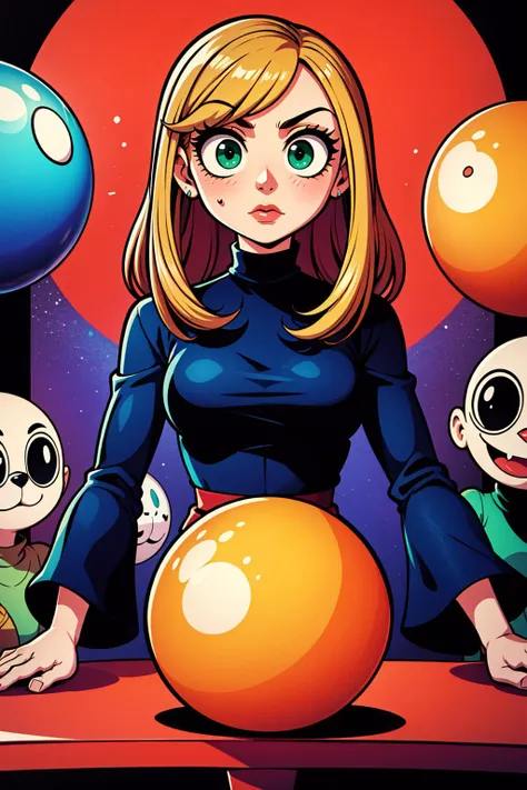 a cartoon image of a woman with a bunch of balloons