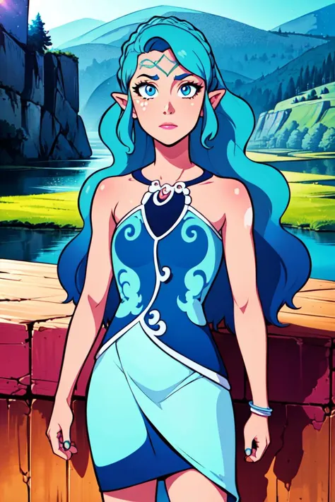 a cartoon image of a woman in a blue dress standing next to a lake