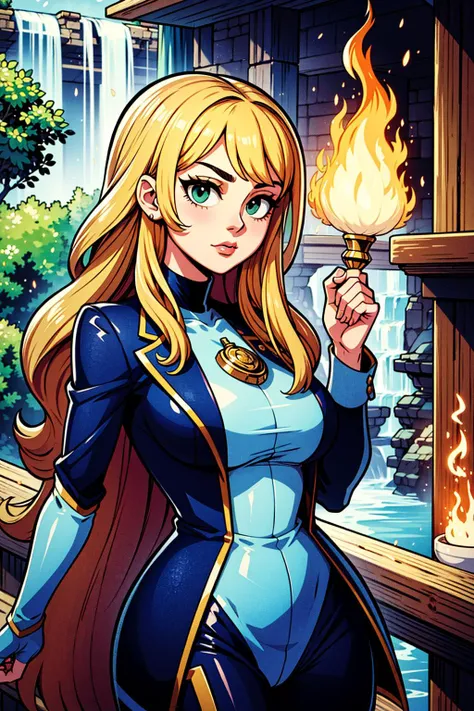 a woman in a blue and gold outfit holding a torch