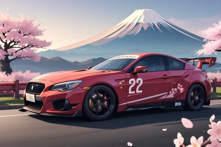 a red car driving down a road with a mountain in the background