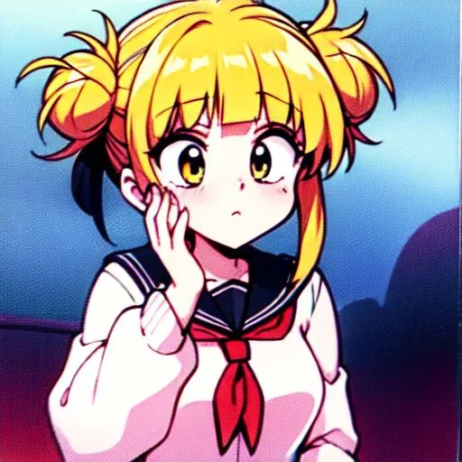 anime girl with blonde hair and a red tie talking on a cell phone