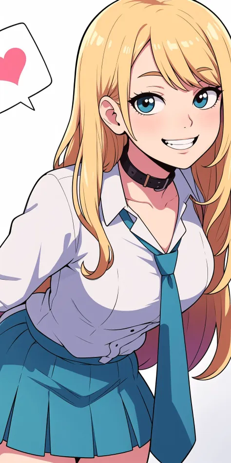 anime girl with blonde hair and blue skirt and a white shirt