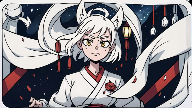 anime character with white hair and white dress holding a sword