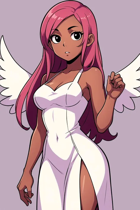 a cartoon picture of a woman with pink hair and white dress