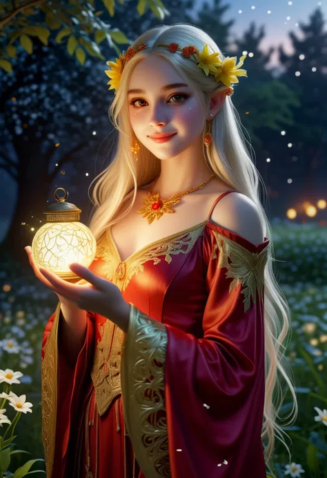 (medium full shot) of (celestial elf) young female, sun elf, warm golden skin, amber eyes, tall and regal, long flowing hair,   ...