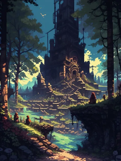 a painting of a castle in the middle of a forest