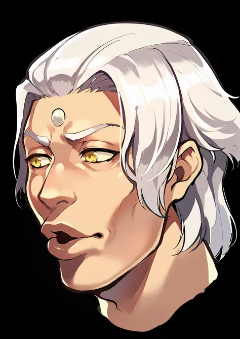 a close up of a person with white hair and yellow eyes