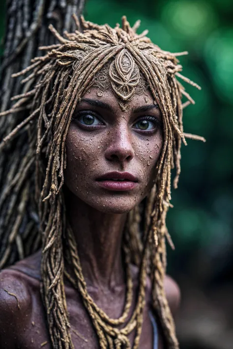 a woman with dreadlocks and a necklace on her head