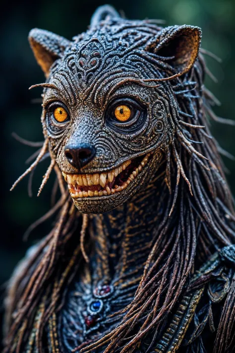 a close up of a statue of a cat with long hair