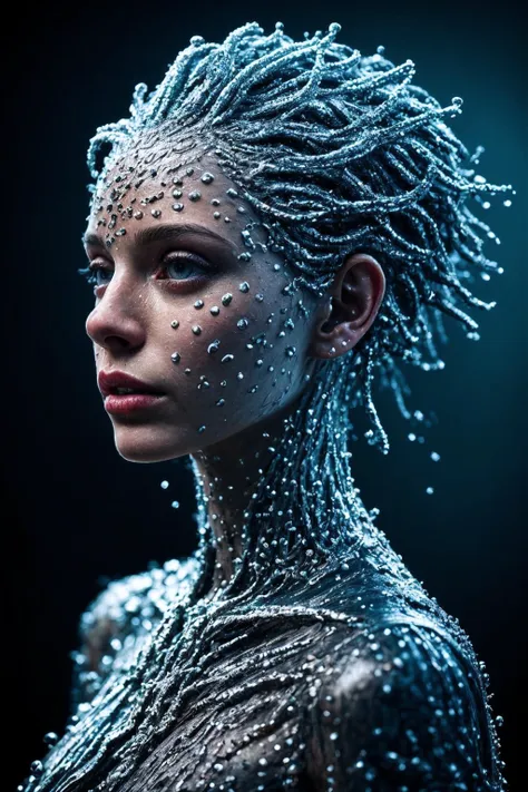 a woman with frosty hair and a body covered in water