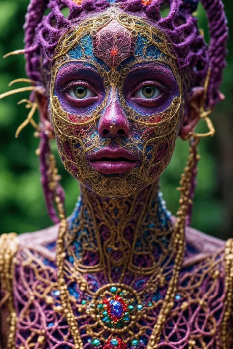 a close up of a woman with purple makeup and a purple headdress