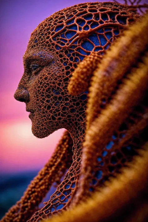 a close up of a person with a head covered in a net