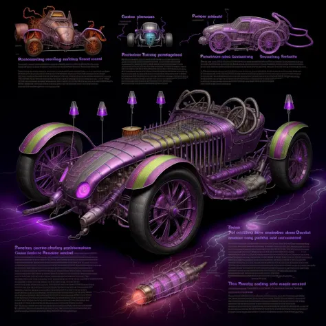 <lora:GlowingRunesAIv2:0.9> SteampunkSchematics  a complicated Car, glowing purple runes, traceries of lightning