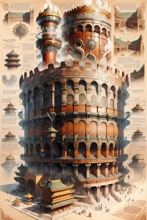 <lora:SteampunkSchematicsv2-000009:0.9>,An assembly drawing SteampunkSchematic Colosseum pictures,SteampunkSchematics Leifeng Pagoda,