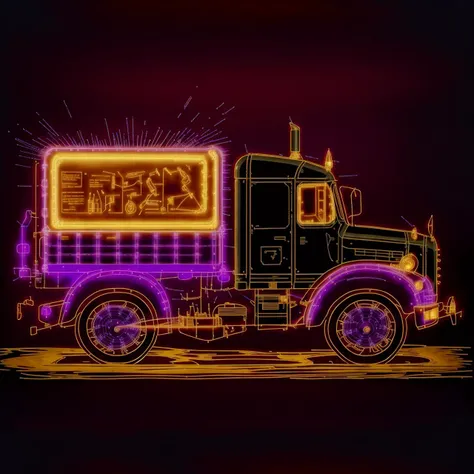 <lora:GlowingRunesAIv2:1> SteampunkSchematics enamelled gold Truck on a black panel on a black wall, glowing violet schematics