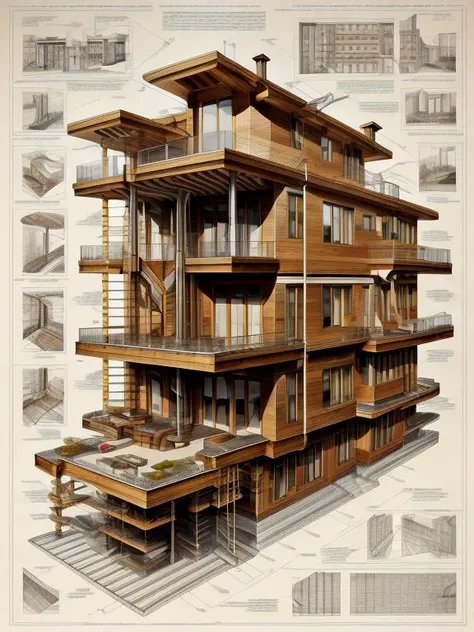 a drawing of a building with a lot of windows and balconies