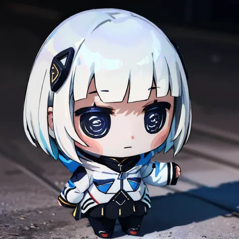 anime character with white hair and blue eyes standing on a sidewalk