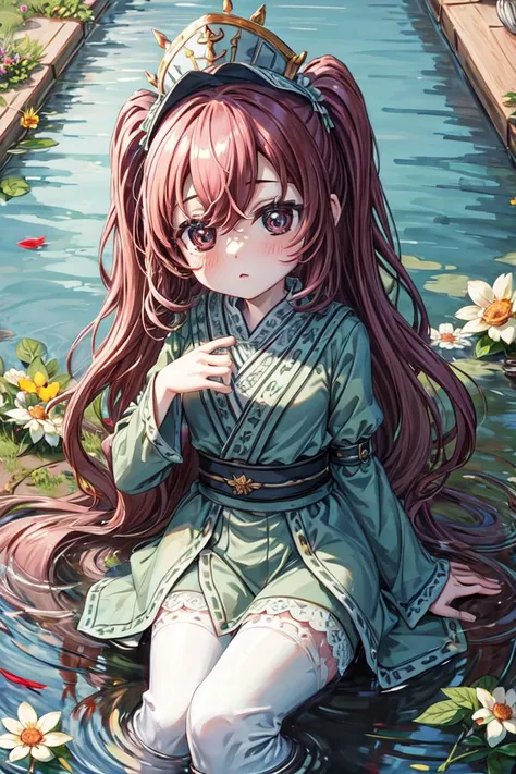 anime girl sitting in water with flowers and a bridge