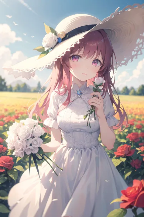 ((masterpiece, best quality)), 1girl, flower, solo, dress, holding, sky, cloud, hat, outdoors, bangs, bouquet, rose, expressionless, blush, pink hair, flower field, red flower, pink eyes, white dress, looking at viewer, midium hair, holding flower, small b...